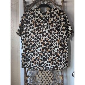 Ship n Shore Petites Leopard Print Short Sleeve Blouse Brown Tan Crew Neck‎ Top